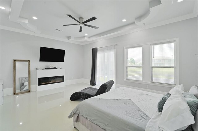 251 Oakmont Dr, New Orleans, LA 70128 - bedroom featuring recessed lighting, a glass covered fireplace, and ceiling fan