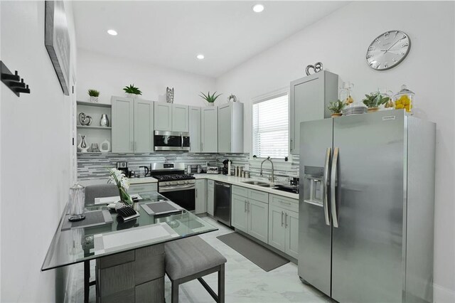 251 Oakmont Dr, New Orleans, LA 70128 - kitchen featuring stainless steel appliances, decorative backsplash, open shelves, recessed lighting, and light countertops