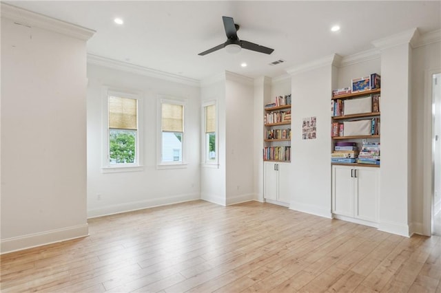 845 Pontalba St, New Orleans, LA 70124 - unfurnished room with ceiling fan, light wood-type flooring, ornamental molding, and recessed lighting