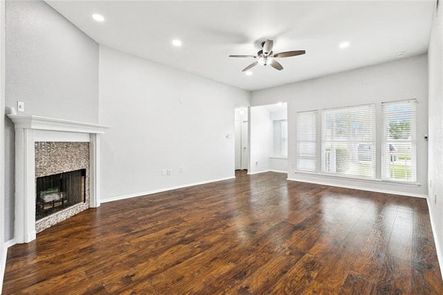 304 Jeffer Dr, Waggaman, LA 70094 - unfurnished living room with a ceiling fan, wood finished floors, a fireplace, and recessed lighting