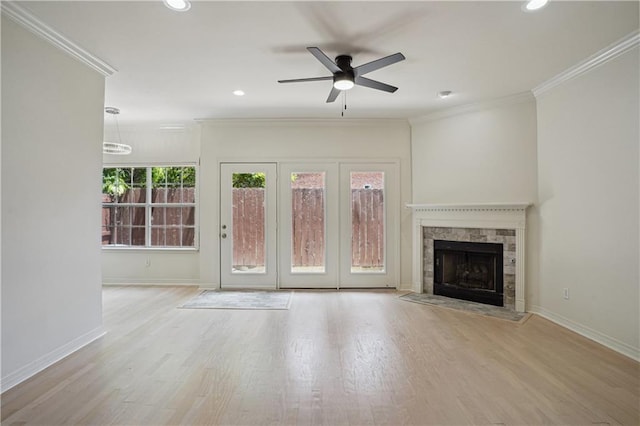 505 Rose St, Metairie, LA 70005 - unfurnished living room with a ceiling fan, wood finished floors, a fireplace, ornamental molding, and recessed lighting