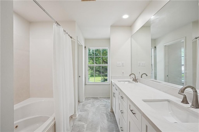 505 Rose St, Metairie, LA 70005 - bathroom with a whirlpool tub, double vanity, marble finish flooring, curtained shower, and recessed lighting