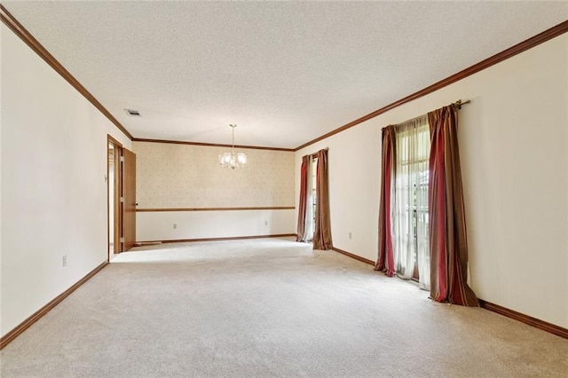 632 Brouilly Dr, Kenner, LA 70065 - carpeted spare room featuring a chandelier, crown molding, and a textured ceiling
