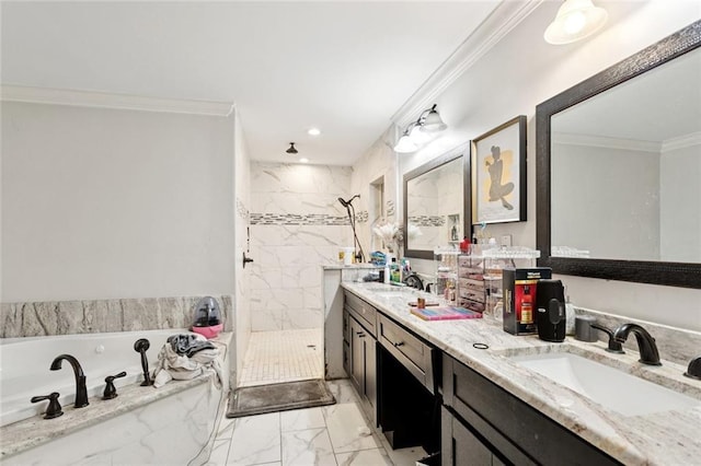 127 Herwig Bluff Rd, Slidell, LA 70461 - full bath with marble finish floors, double vanity, a bath, tiled shower, and crown molding