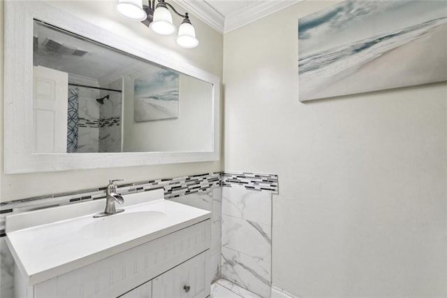 127 Herwig Bluff Rd, Slidell, LA 70461 - full bathroom with ornamental molding, marble finish floors, vanity, a shower, and tile walls
