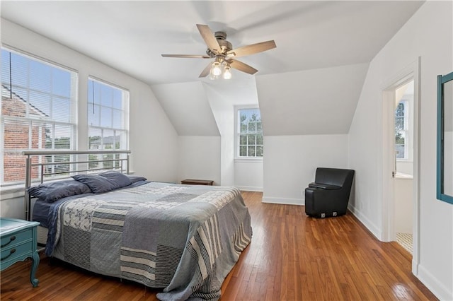 3222 Octavia St, New Orleans, LA 70125 - bedroom with hardwood / wood-style flooring, lofted ceiling, and a ceiling fan
