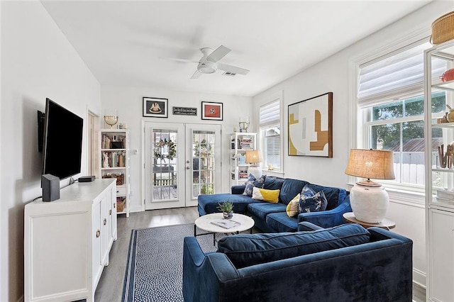 3116 Beaulieu St, Metairie, LA 70001 - living room featuring ceiling fan, dark wood-type flooring, and french doors