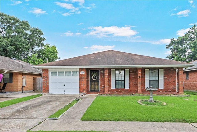 2820 Metairie Ct, Metairie, LA 70002 - ranch-style home featuring concrete driveway, a garage, a front lawn, and brick siding