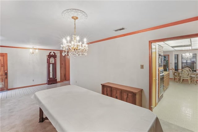 2820 Metairie Ct, Metairie, LA 70002 - dining room with a chandelier, light colored carpet, and ornamental molding
