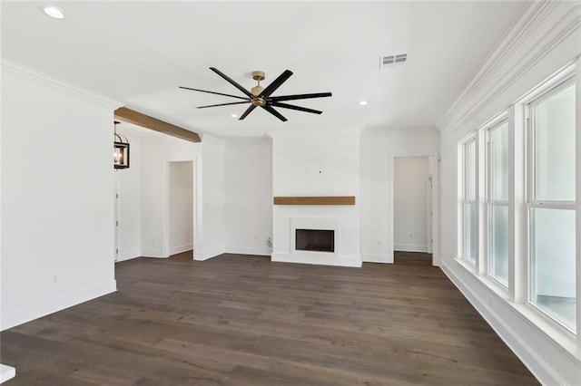 2025 White Dove Dr, Madisonville, LA 70447 - unfurnished living room with ornamental molding, recessed lighting, a fireplace, dark wood-style flooring, and a ceiling fan