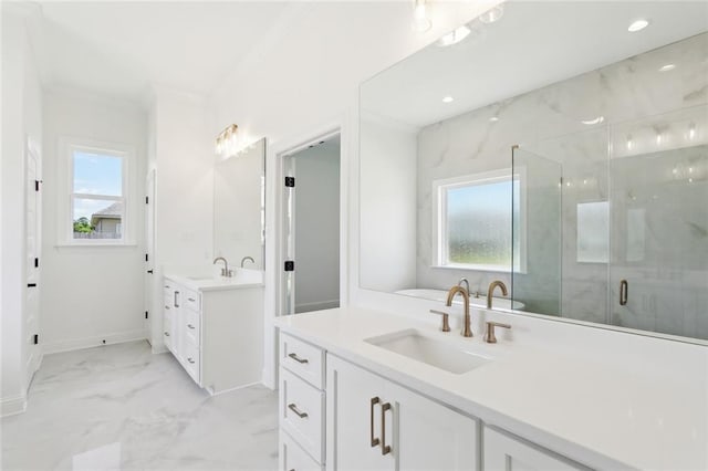 2025 White Dove Dr, Madisonville, LA 70447 - bathroom with two vanities, ornamental molding, a marble finish shower, marble look tile flooring, and recessed lighting