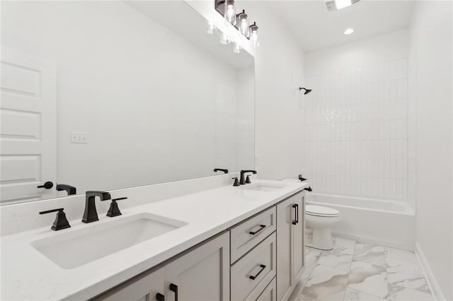 2025 White Dove Dr, Madisonville, LA 70447 - full bathroom featuring double vanity, washtub / shower combination, marble look tiles, and recessed lighting