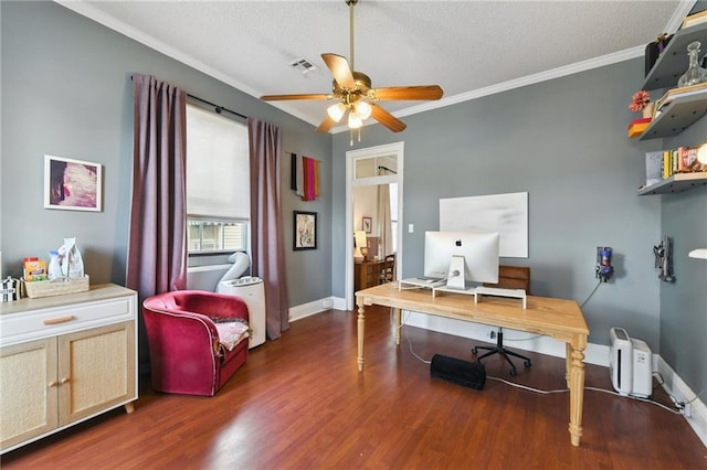2018 Adams St, New Orleans, LA 70118 - home office featuring a ceiling fan, wood finished floors, crown molding, and a textured ceiling