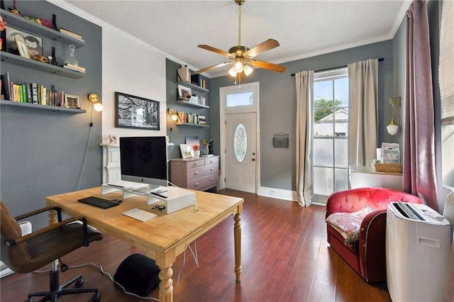 2018 Adams St, New Orleans, LA 70118 - home office with ornamental molding, a textured ceiling, a ceiling fan, and dark wood-style floors