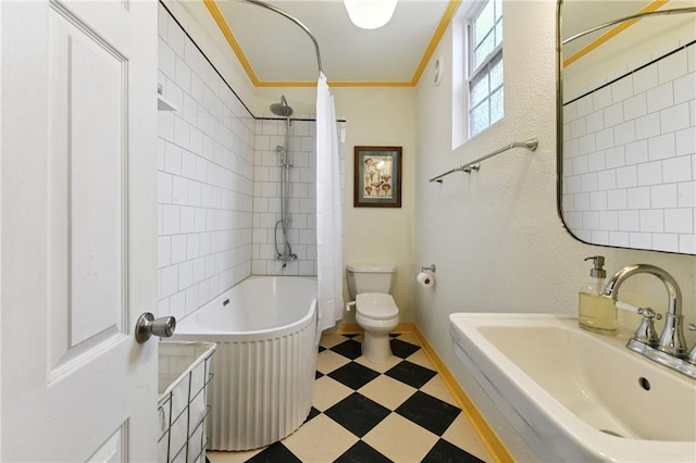 2018 Adams St, New Orleans, LA 70118 - full bathroom featuring ornamental molding, tile patterned floors, and washtub / shower combination