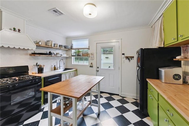 2018 Adams St, New Orleans, LA 70118 - kitchen featuring black appliances, light floors, green cabinetry, open shelves, and ornamental molding