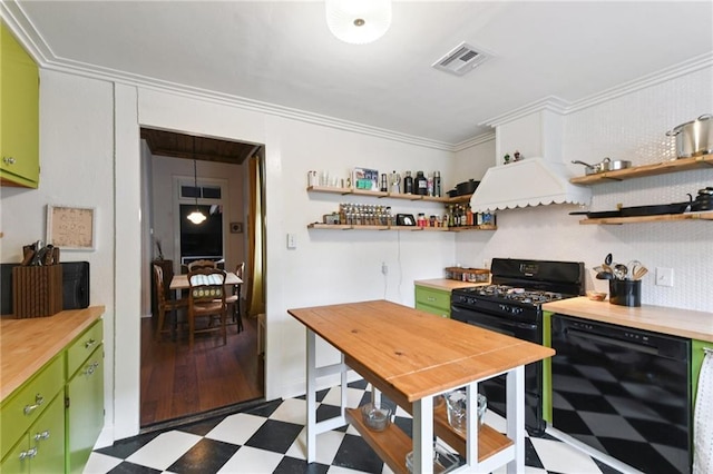 2018 Adams St, New Orleans, LA 70118 - kitchen with black appliances, open shelves, tile patterned floors, wood counters, and green cabinetry