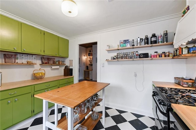 2018 Adams St, New Orleans, LA 70118 - kitchen featuring open shelves, light floors, black gas range, light countertops, and crown molding