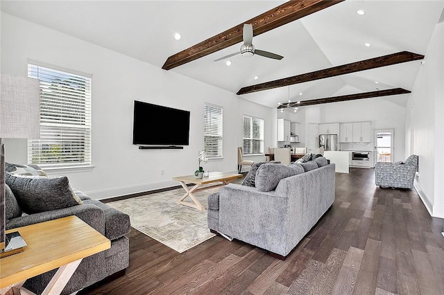 5502 Wilton Dr, New Orleans, LA 70122 - living area featuring beam ceiling, ceiling fan, dark wood-style floors, healthy amount of natural light, and recessed lighting