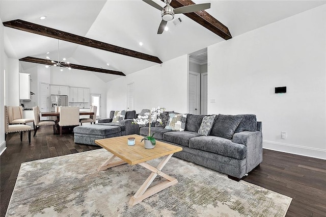 5502 Wilton Dr, New Orleans, LA 70122 - living room with ceiling fan, beamed ceiling, dark wood-type flooring, high vaulted ceiling, and recessed lighting