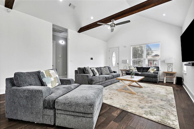 5502 Wilton Dr, New Orleans, LA 70122 - living room featuring beam ceiling, high vaulted ceiling, a ceiling fan, dark wood-type flooring, and recessed lighting