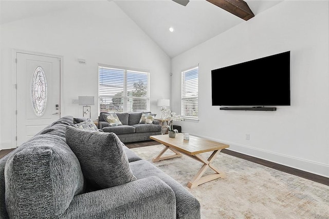 5502 Wilton Dr, New Orleans, LA 70122 - living room with high vaulted ceiling, wood finished floors, recessed lighting, and a ceiling fan