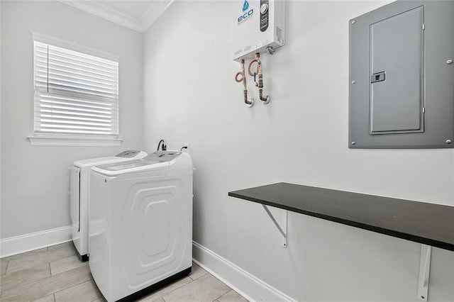 5502 Wilton Dr, New Orleans, LA 70122 - laundry room featuring electric panel, independent washer and dryer, ornamental molding, and water heater