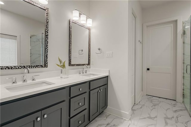 4028 Cypress Point Dr, Covington, LA 70433 - full bathroom with marble look tile flooring, a marble finish shower, and double vanity