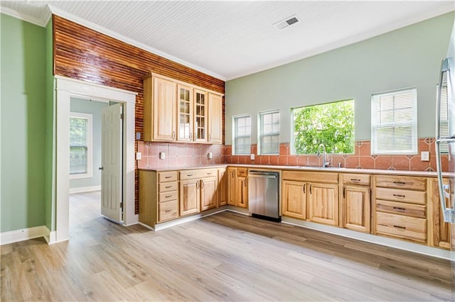 2970 College St, Slidell, LA 70458 - kitchen featuring dishwasher, ornamental molding, tasteful backsplash, and light brown cabinets