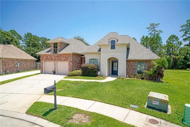 626 Bellingrath Ln, Slidell, LA 70458 - french country style house with driveway, a front lawn, brick siding, and a shingled roof