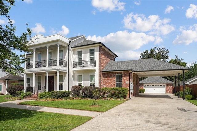 712 Stewart Ave, River Ridge, LA 70123 - neoclassical home with concrete driveway, a balcony, brick siding, and a front yard