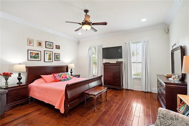 712 Stewart Ave, River Ridge, LA 70123 - bedroom featuring dark wood finished floors, crown molding, recessed lighting, and a ceiling fan
