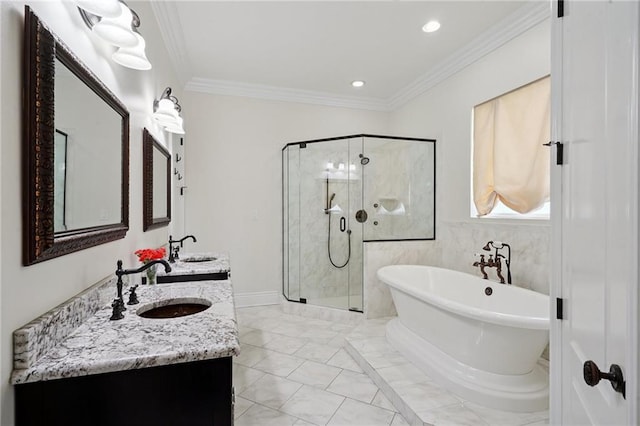 712 Stewart Ave, River Ridge, LA 70123 - full bathroom with a shower stall, double vanity, a freestanding tub, ornamental molding, and marble look tiles