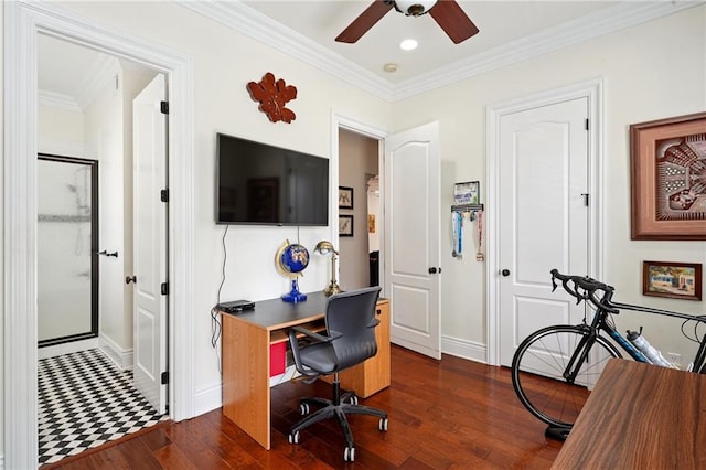 712 Stewart Ave, River Ridge, LA 70123 - office space featuring crown molding, dark wood-type flooring, ceiling fan, and recessed lighting