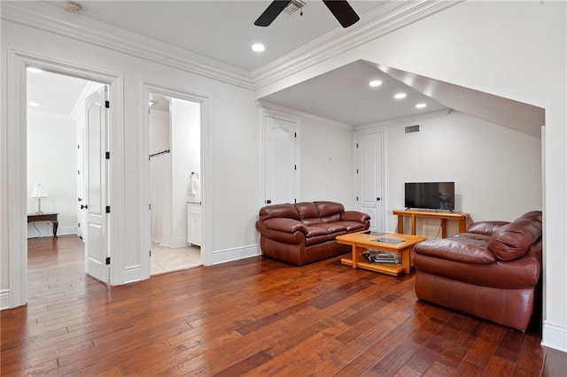 712 Stewart Ave, River Ridge, LA 70123 - living area featuring wood-type flooring, ceiling fan, recessed lighting, and crown molding