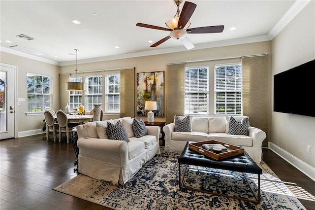 931 French St, New Orleans, LA 70124 - living room with dark wood finished floors, a ceiling fan, recessed lighting, and ornamental molding