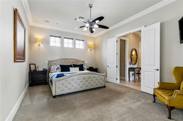 931 French St, New Orleans, LA 70124 - carpeted bedroom with ornamental molding and a ceiling fan