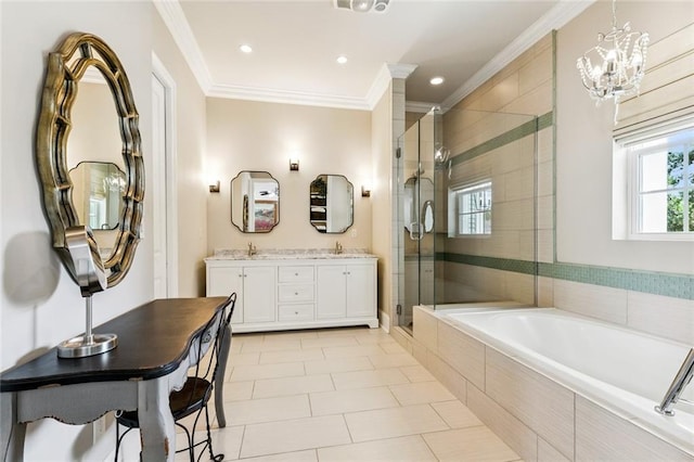 931 French St, New Orleans, LA 70124 - bathroom featuring a shower stall, a garden tub, ornamental molding, double vanity, and recessed lighting