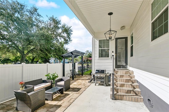 931 French St, New Orleans, LA 70124 - fenced backyard with entry steps, a pergola, a patio area, an outdoor hangout area, and area for grilling