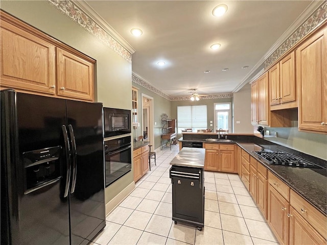 207 Hidden Springs Ln, Covington, LA 70433 - kitchen with black appliances, light tile patterned flooring, a peninsula, ornamental molding, and a ceiling fan