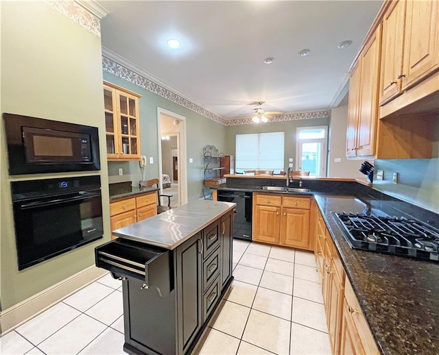 207 Hidden Springs Ln, Covington, LA 70433 - kitchen featuring black appliances, light tile patterned flooring, crown molding, a ceiling fan, and a peninsula