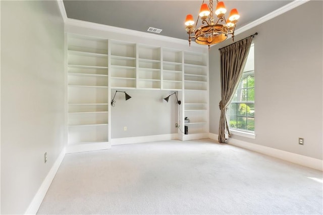 104 Acadian Ln, Mandeville, LA 70471 - unfurnished living room featuring a chandelier, crown molding, and carpet