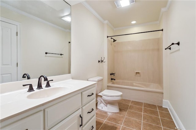 104 Acadian Ln, Mandeville, LA 70471 - bathroom with vanity, shower / bathtub combination, ornamental molding, and tile patterned floors