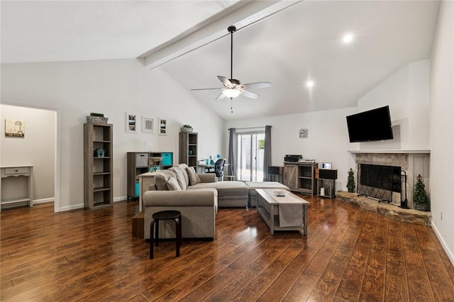 124 Brentwood Dr, Belle Chasse, LA 70037 - living area featuring dark wood-style flooring, a ceiling fan, high vaulted ceiling, a fireplace with raised hearth, and beamed ceiling