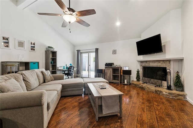 124 Brentwood Dr, Belle Chasse, LA 70037 - living area featuring ceiling fan, hardwood / wood-style flooring, high vaulted ceiling, a stone fireplace, and beam ceiling