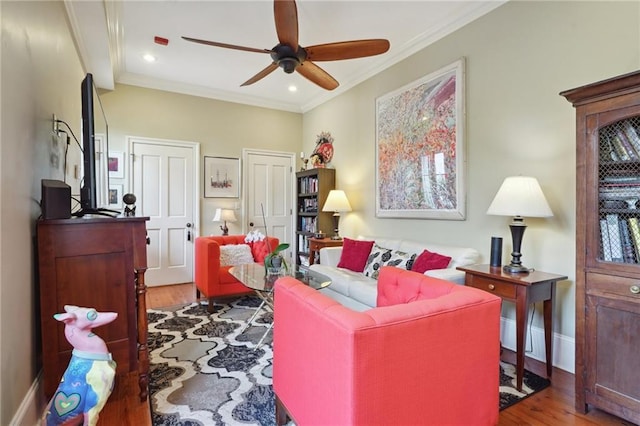1225 Bourbon St Unit F, New Orleans, LA 70116 - living room with ceiling fan, crown molding, wood finished floors, and recessed lighting