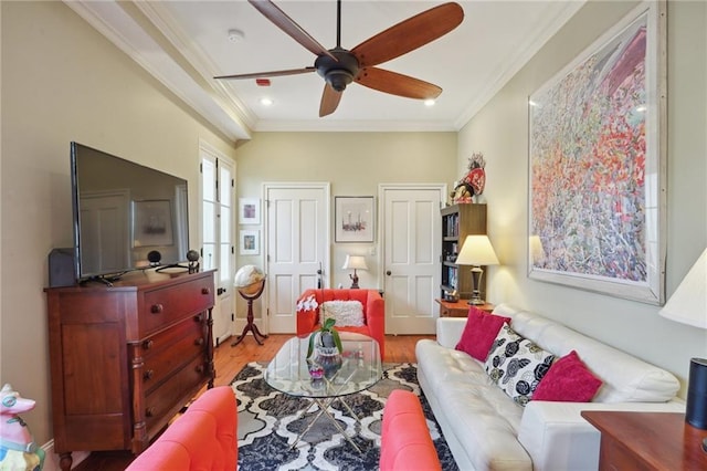 1225 Bourbon St Unit F, New Orleans, LA 70116 - living area with a ceiling fan, crown molding, wood finished floors, and recessed lighting