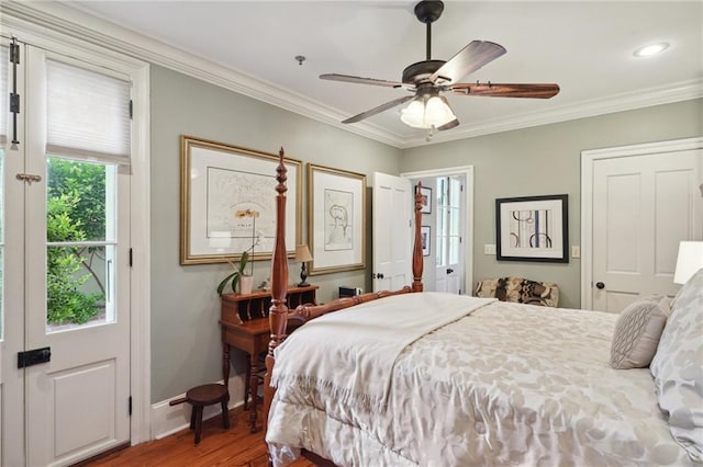 1225 Bourbon St Unit F, New Orleans, LA 70116 - bedroom with wood finished floors, crown molding, a ceiling fan, and recessed lighting