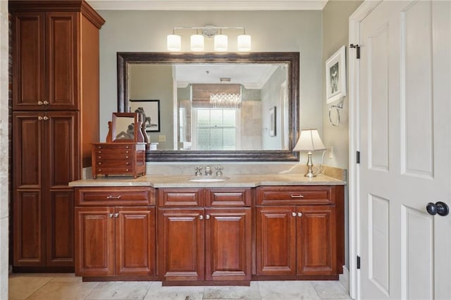 1225 Bourbon St Unit F, New Orleans, LA 70116 - bathroom featuring ornamental molding, vanity, a shower, and tile patterned flooring