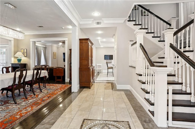 5024 S Claiborne Ave, New Orleans, LA 70125 - foyer featuring stairway, crown molding, and recessed lighting